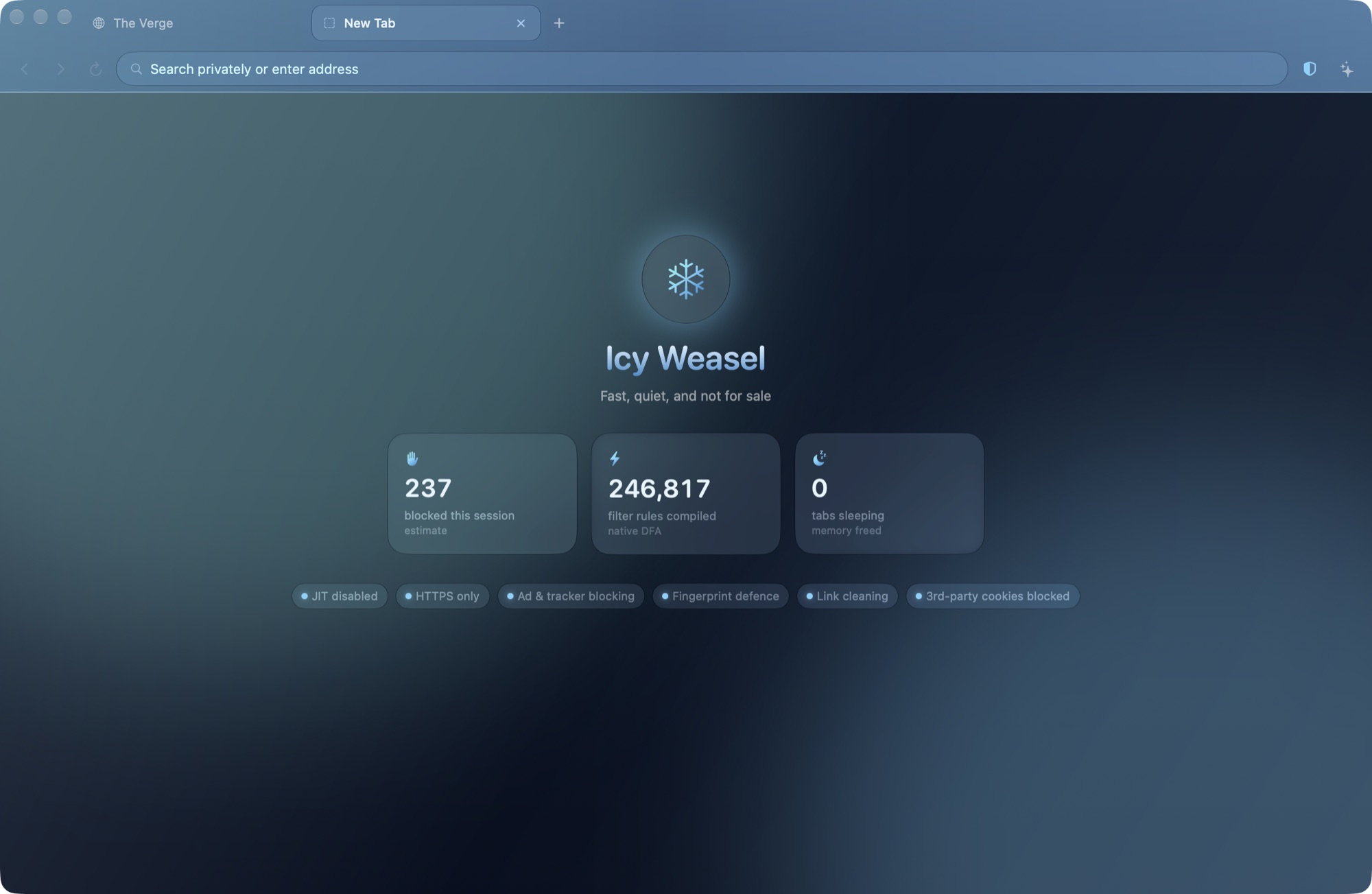 Icy Weasel's new tab page: frosted blue window chrome, a snowflake emblem, and counters for blocked items and compiled filter rules.